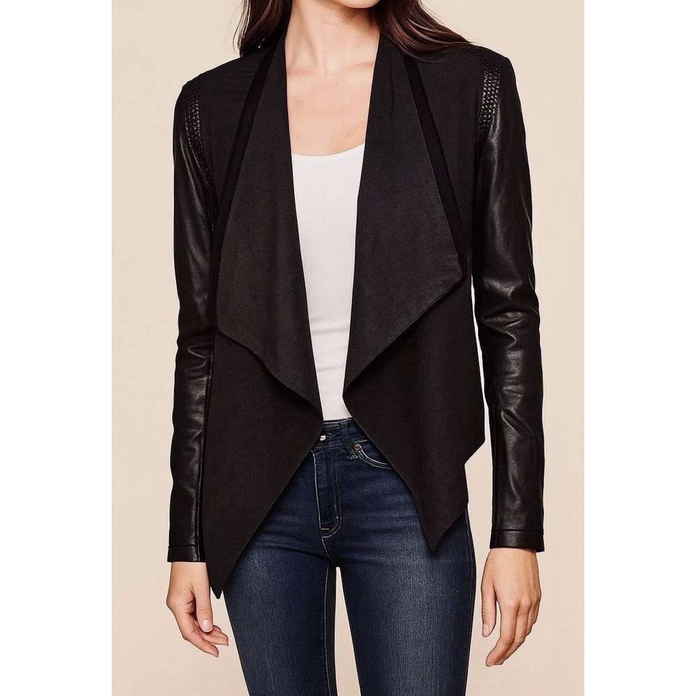 Stella & Jamie Rio Designer Genuine Leather, Knit, & Crochet Open Front Jacket M